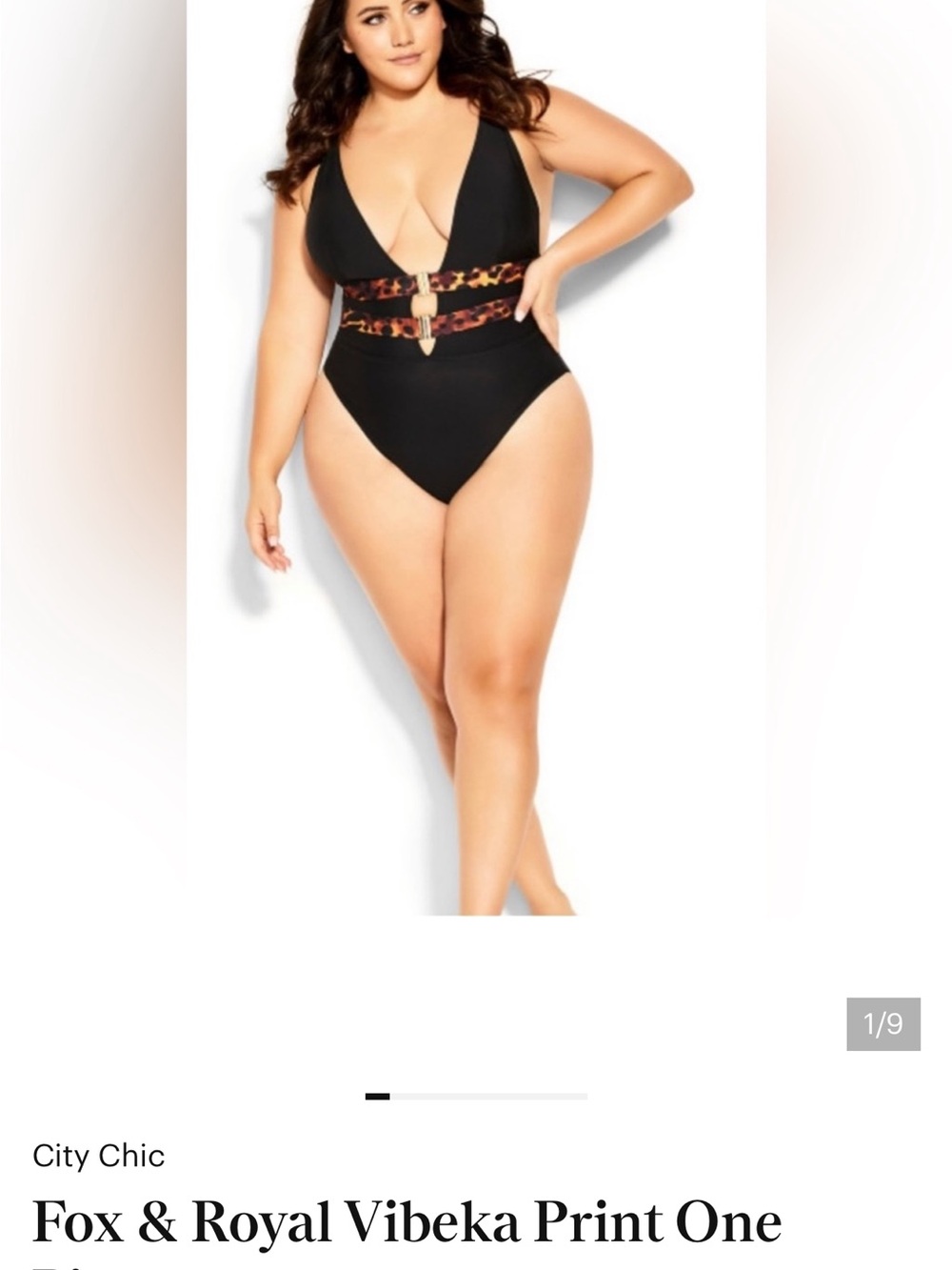 City Chic FOX & ROYAL Vibeka Black One-Piece Swimsuit with Leopard Belt Size 16